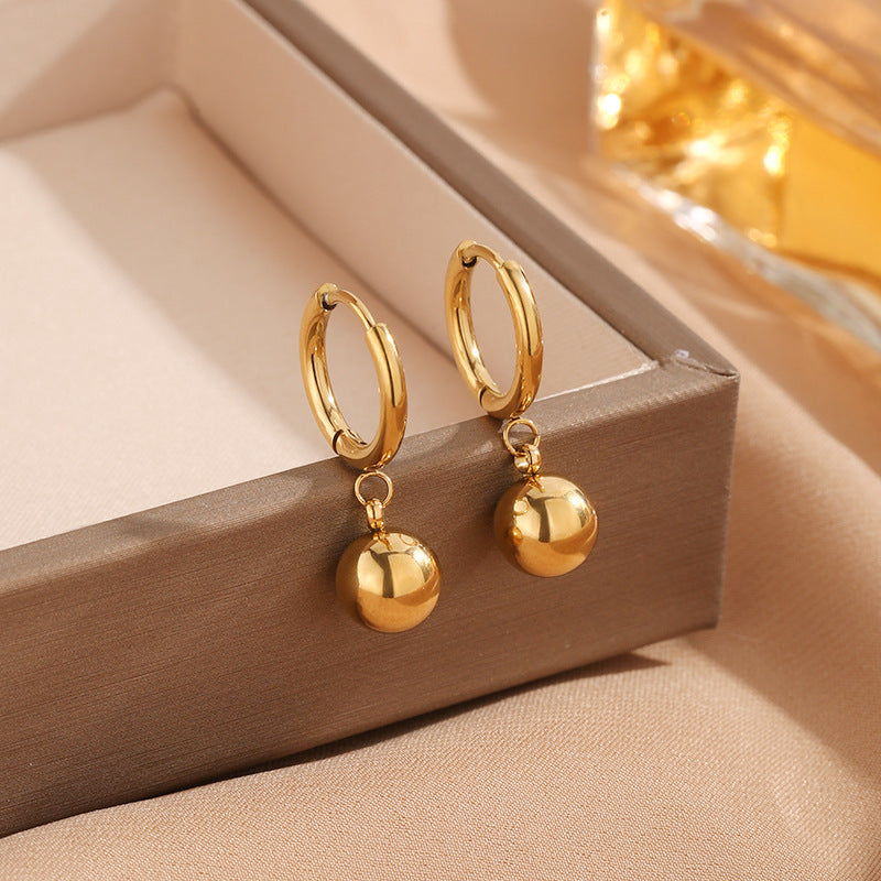 Gold Ball Hoop Drop Earrings — Titanium Steel, Everyday Essential