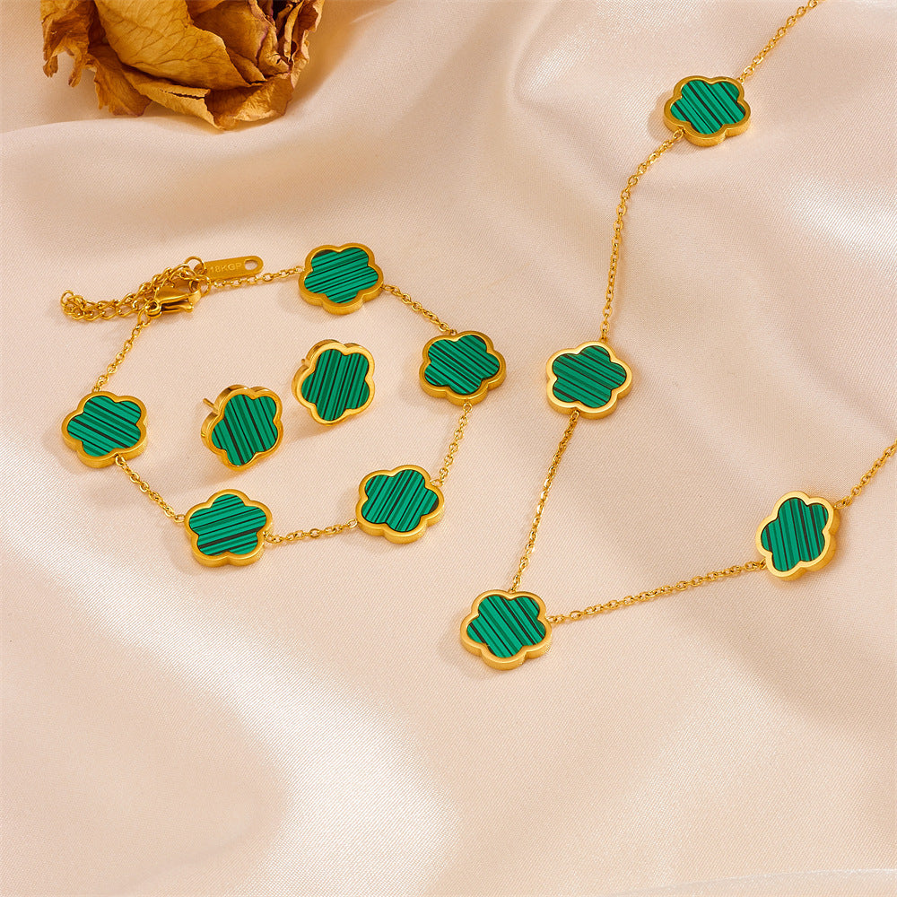 Five-Petal Flower Jewelry Set — Earrings & Bracelet & Necklace, Titanium Steel, 18K Gold