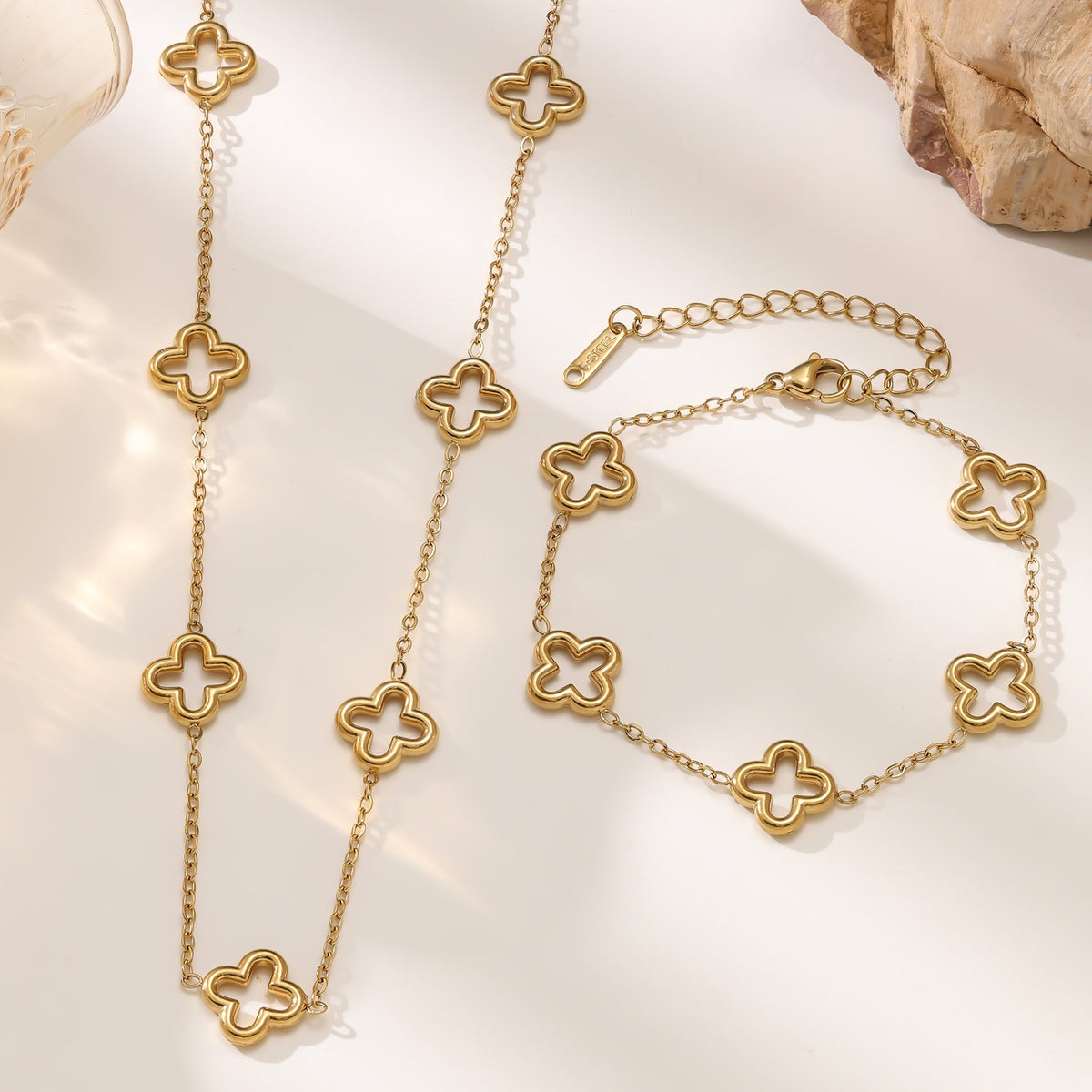 Four-Leaf Clover Necklace & Bracelet Set — Titanium Steel, 18K Gold Plated