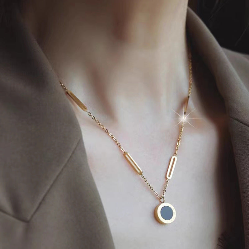 Black & White Roman Numerals Mother-of-Pearl Collarbone Necklace — Titanium Steel