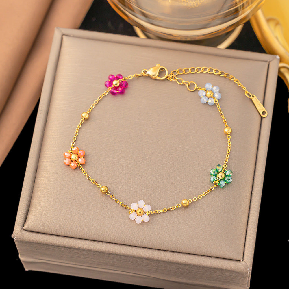 Stainless Steel Necklace And Bracelet Colorful Natural Stone Artificial Pearl Beaded Daisy Flower Dopamine Jewelry For Women - View 3
