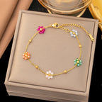 Stainless Steel Necklace And Bracelet Colorful Natural Stone Artificial Pearl Beaded Daisy Flower Dopamine Jewelry For Women - View 3