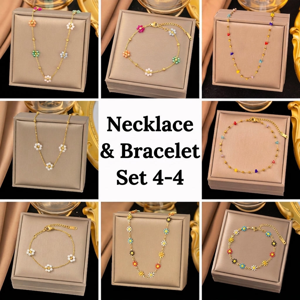 Stainless Steel Necklace And Bracelet Colorful Natural Stone Artificial Pearl Beaded Daisy Flower Dopamine Jewelry For Women