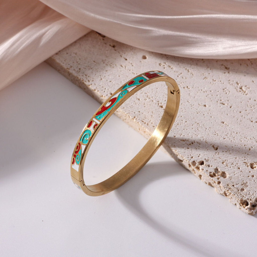Vintage 18K Gold Plated Stainless Steel Enamel Bangle Bracelet For Women Bohemian Colorful Painted Floral Pattern Hinged Bangle Jewelry