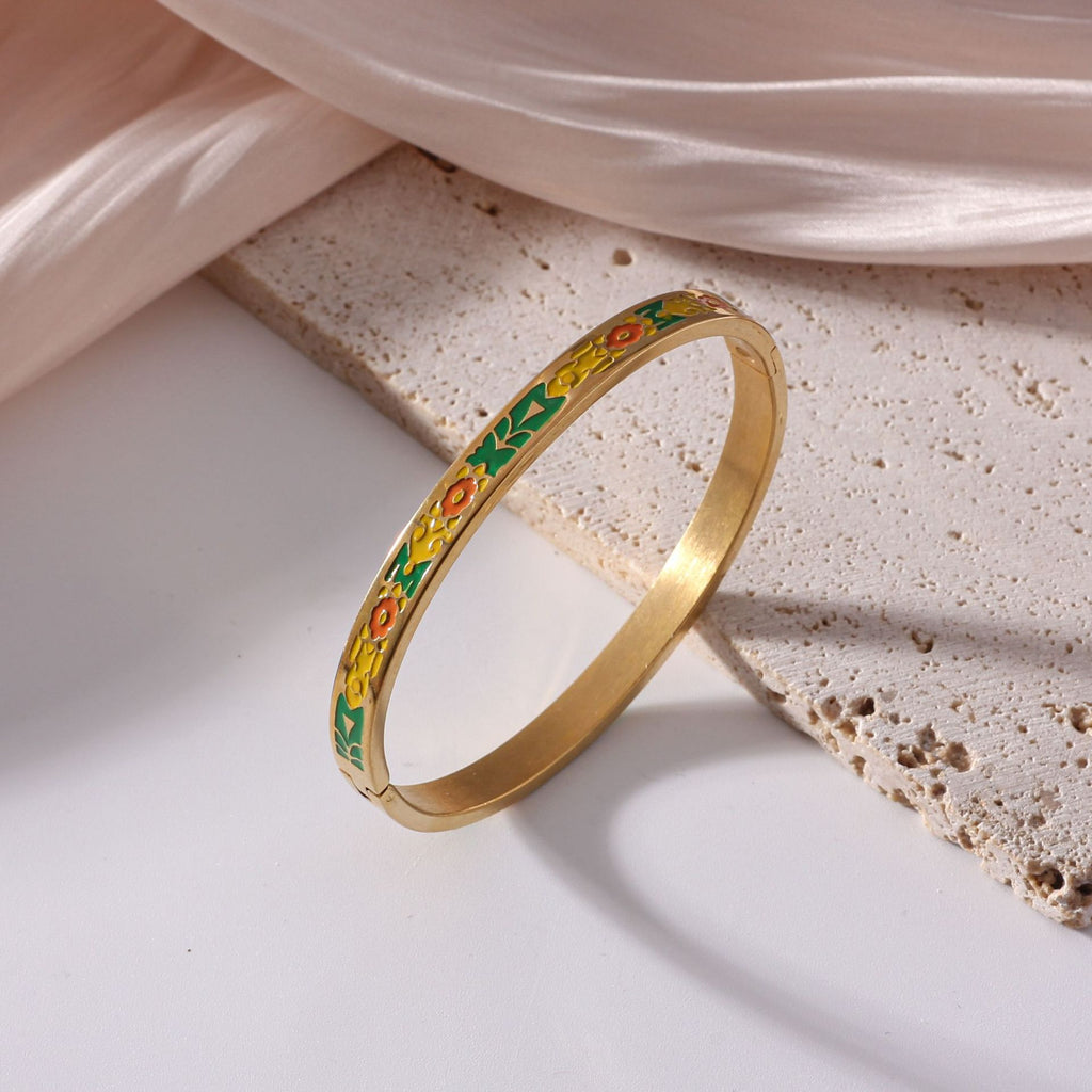 Vintage 18K Gold Plated Stainless Steel Enamel Bangle Bracelet For Women Bohemian Colorful Painted Floral Pattern Hinged Bangle Jewelry - View 3