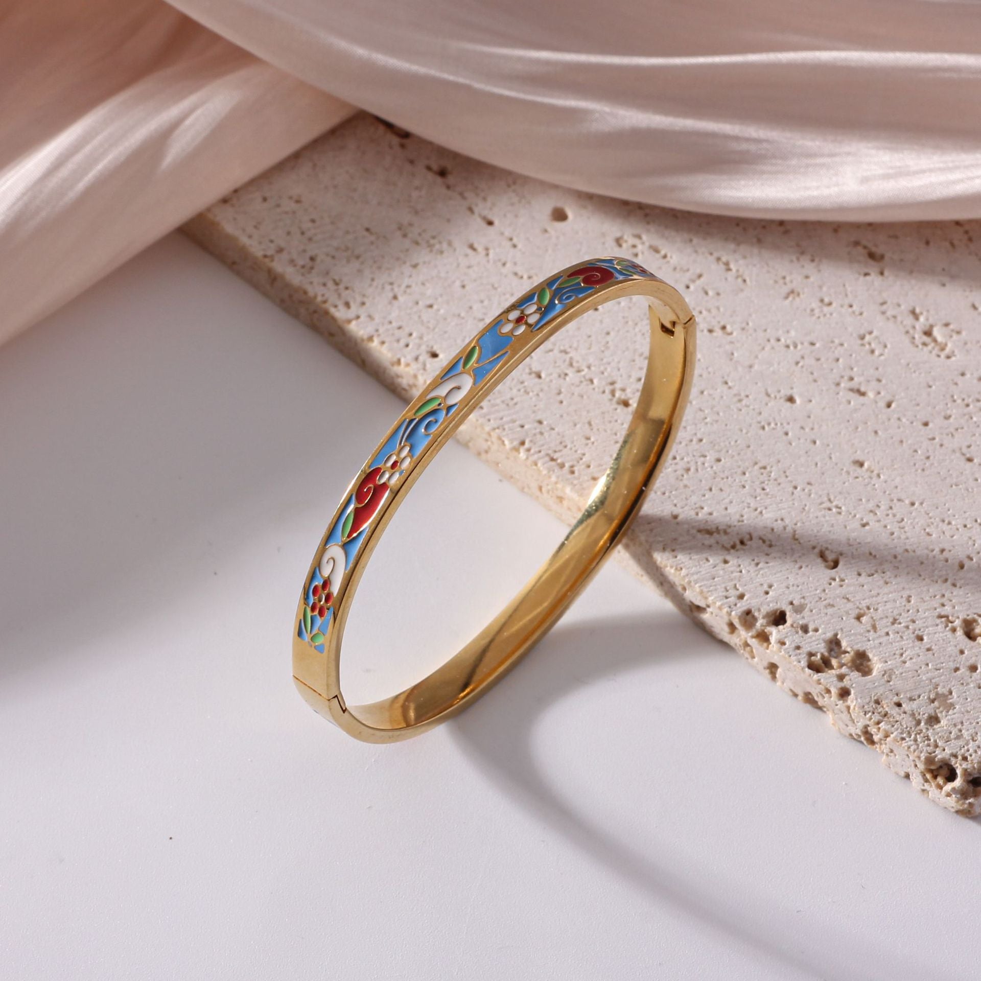 Vintage 18K Gold Plated Stainless Steel Enamel Bangle Bracelet For Women Bohemian Colorful Painted Floral Pattern Hinged Bangle Jewelry - View 4