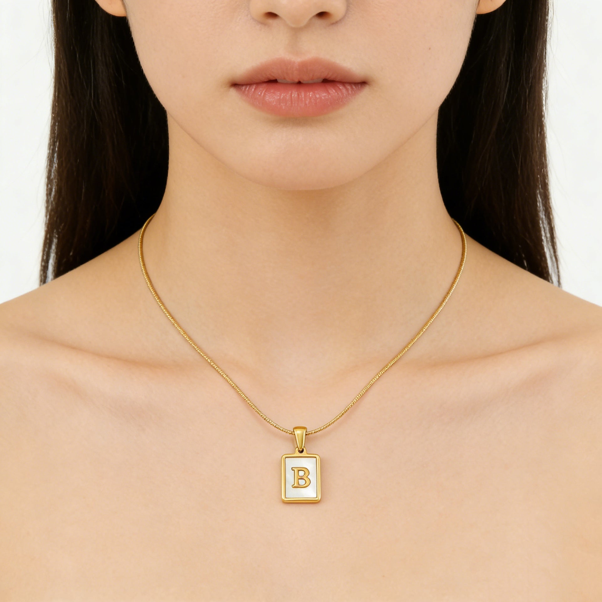 Initial Alphabet Necklace Stainless Steel Mother Of Artificial Pearl Rectangle Pendant Snake Chain 18K Gold Plated Jewelry Women