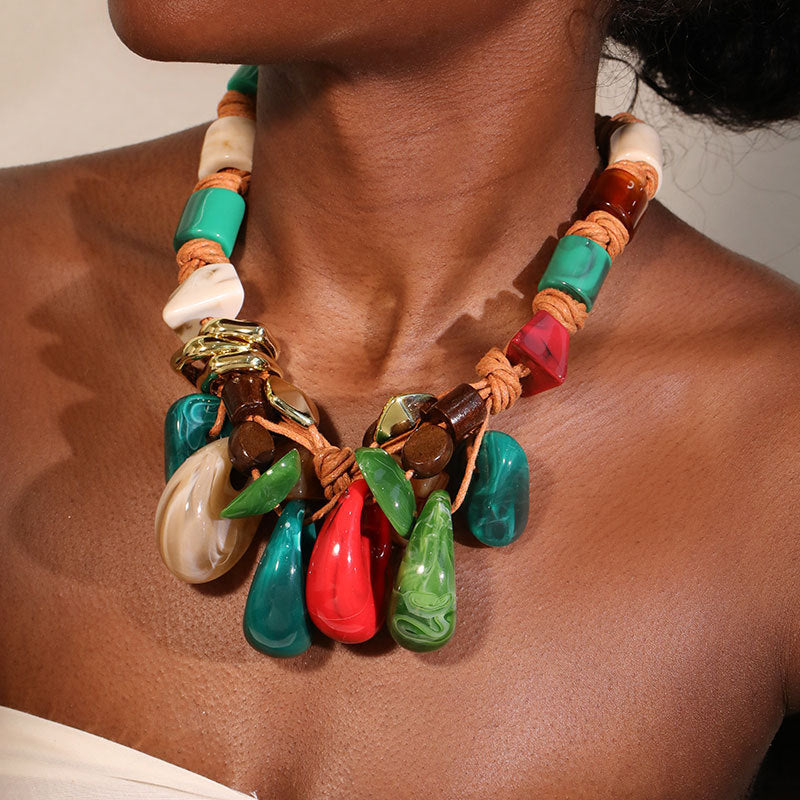 Bohemian Statement Necklace Women Handwoven Wax Rope Acrylic Resin Water Drop