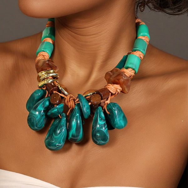 Bohemian Statement Necklace Women Handwoven Wax Rope Acrylic Resin Water Drop