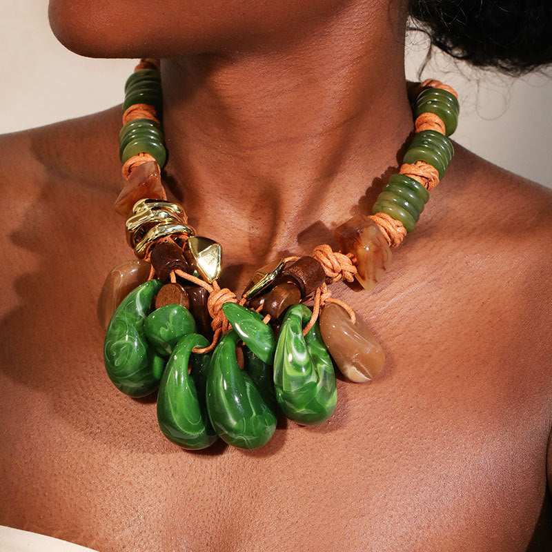 Bohemian Statement Necklace Women Handwoven Wax Rope Acrylic Resin Water Drop Pendant Ethnic Tribal Jewelry Accessory - View 3
