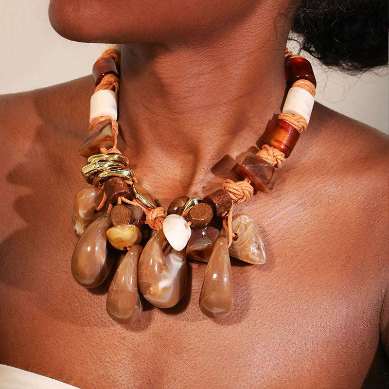 Bohemian Statement Necklace Women Handwoven Wax Rope Acrylic Resin Water Drop