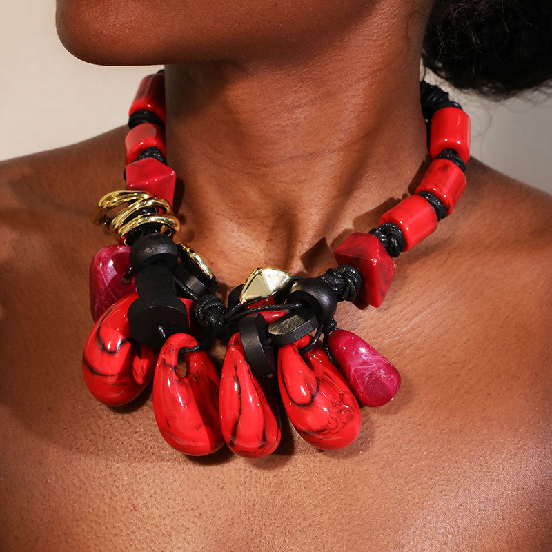 Bohemian Statement Necklace Women Handwoven Wax Rope Acrylic Resin Water Drop