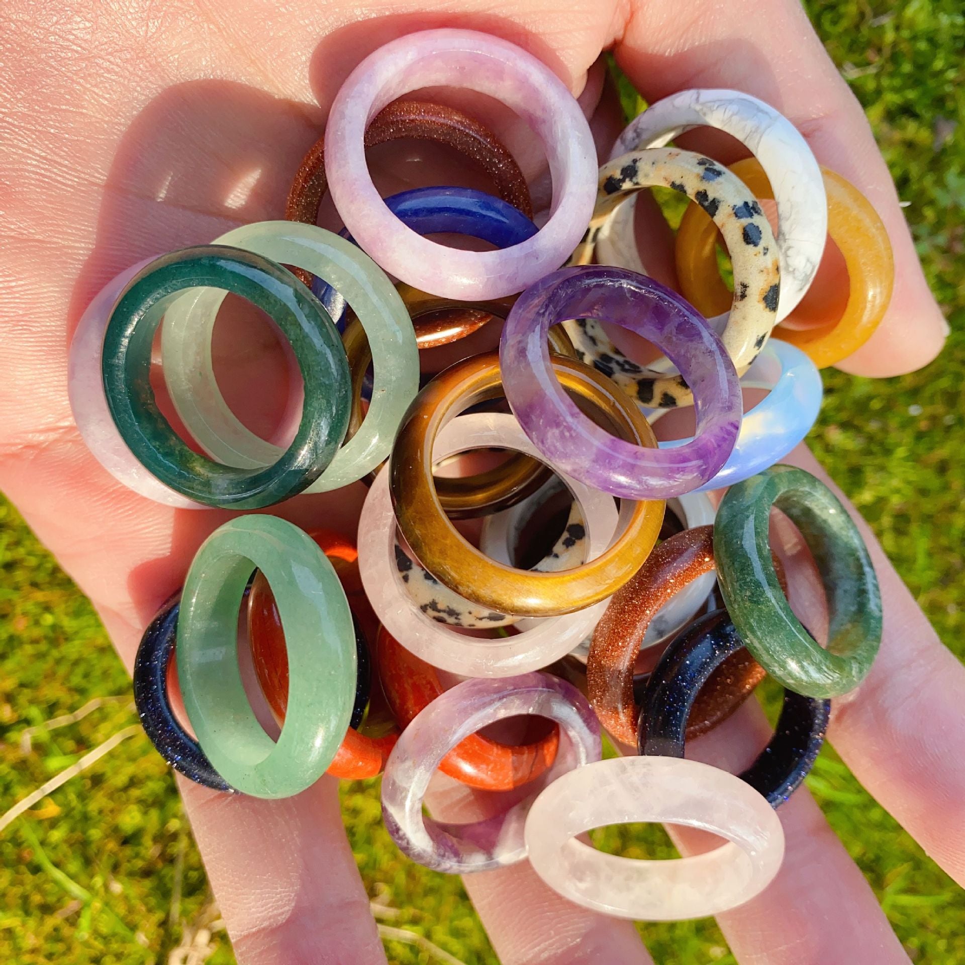 Natural Stone Ring Agate Green Aventurine Tiger Eye Amethyst Polished Plain Band Vintage Ethnic Jewelry Unisex