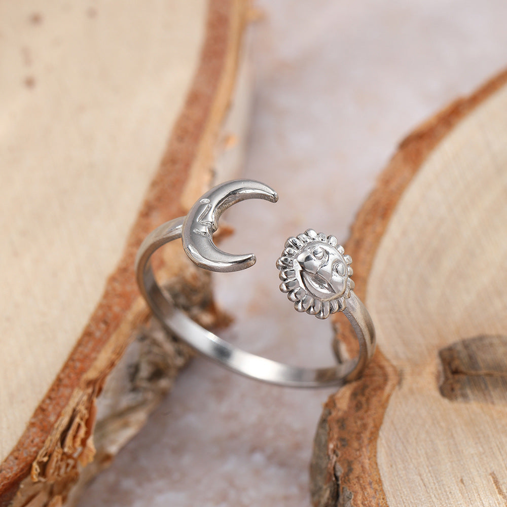 Sun Moon Open Ring Stainless Steel Adjustable Celestial Face Vintage Boho Aesthetic Jewelry For Women - View 2