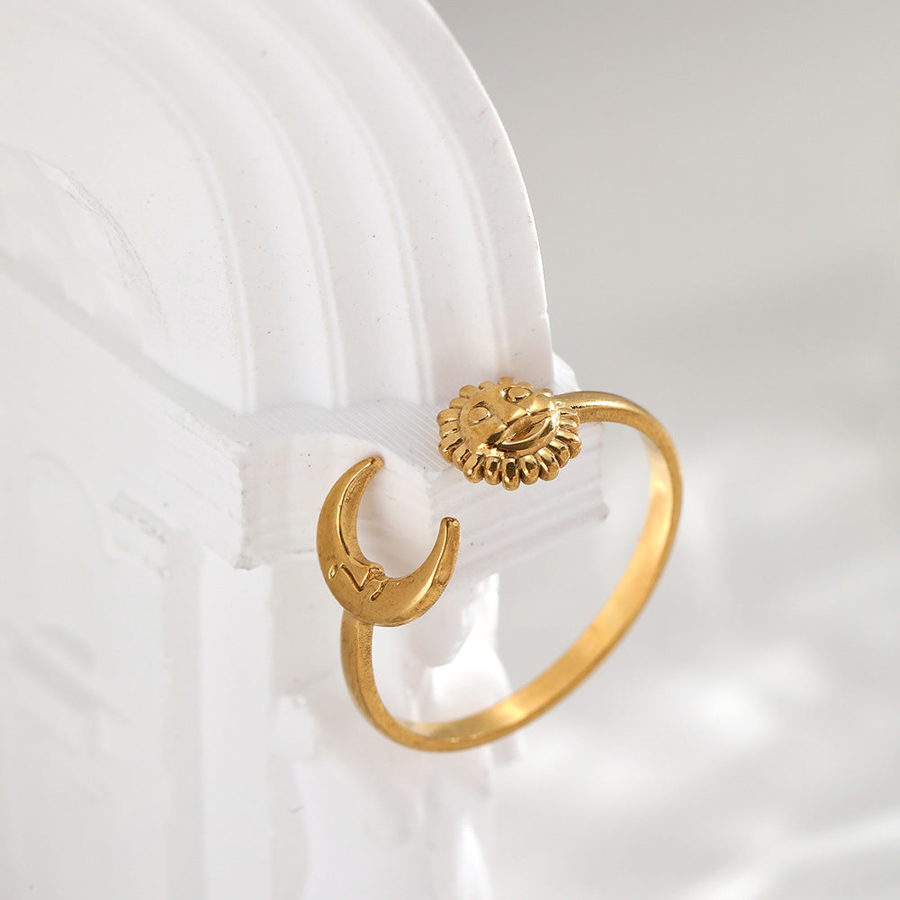 Sun Moon Open Ring Stainless Steel Adjustable Celestial Face Vintage Boho Aesthetic Jewelry For Women - View 3
