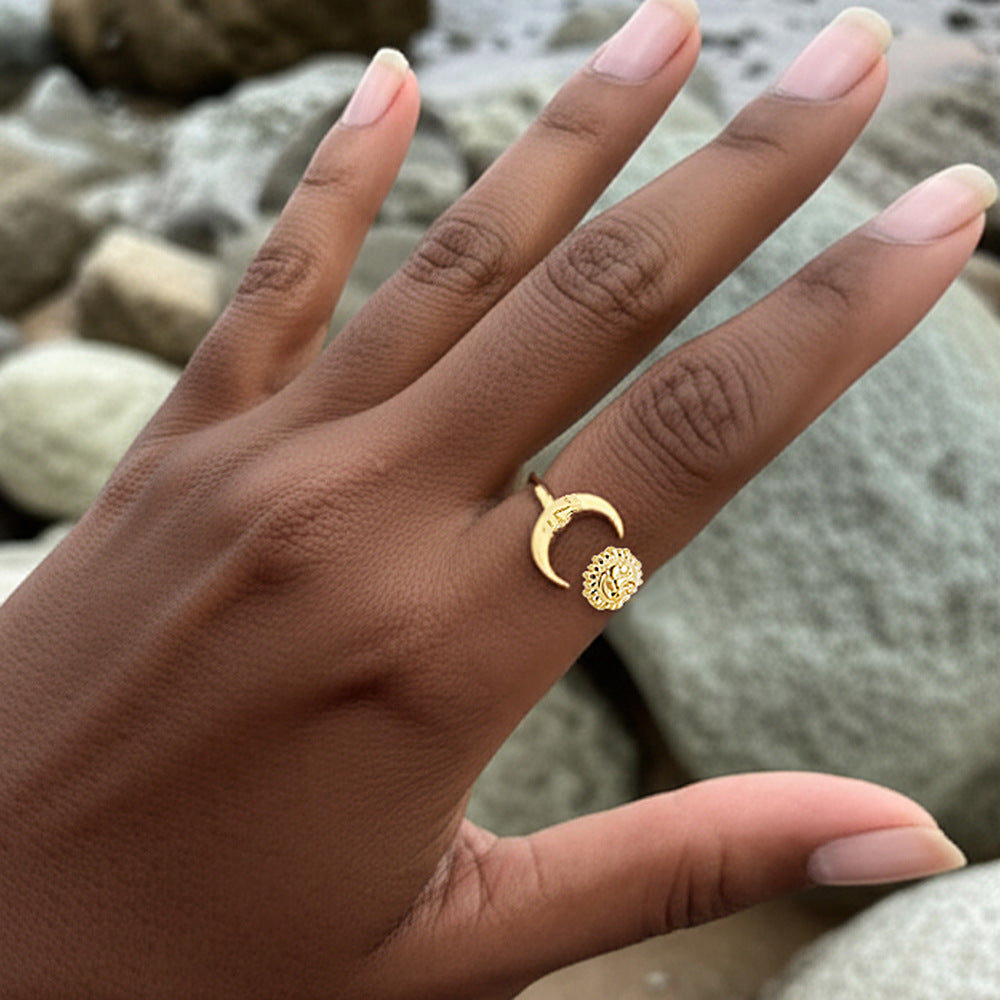 Sun Moon Open Ring Stainless Steel Adjustable Celestial Face Vintage Boho Aesthetic Jewelry For Women