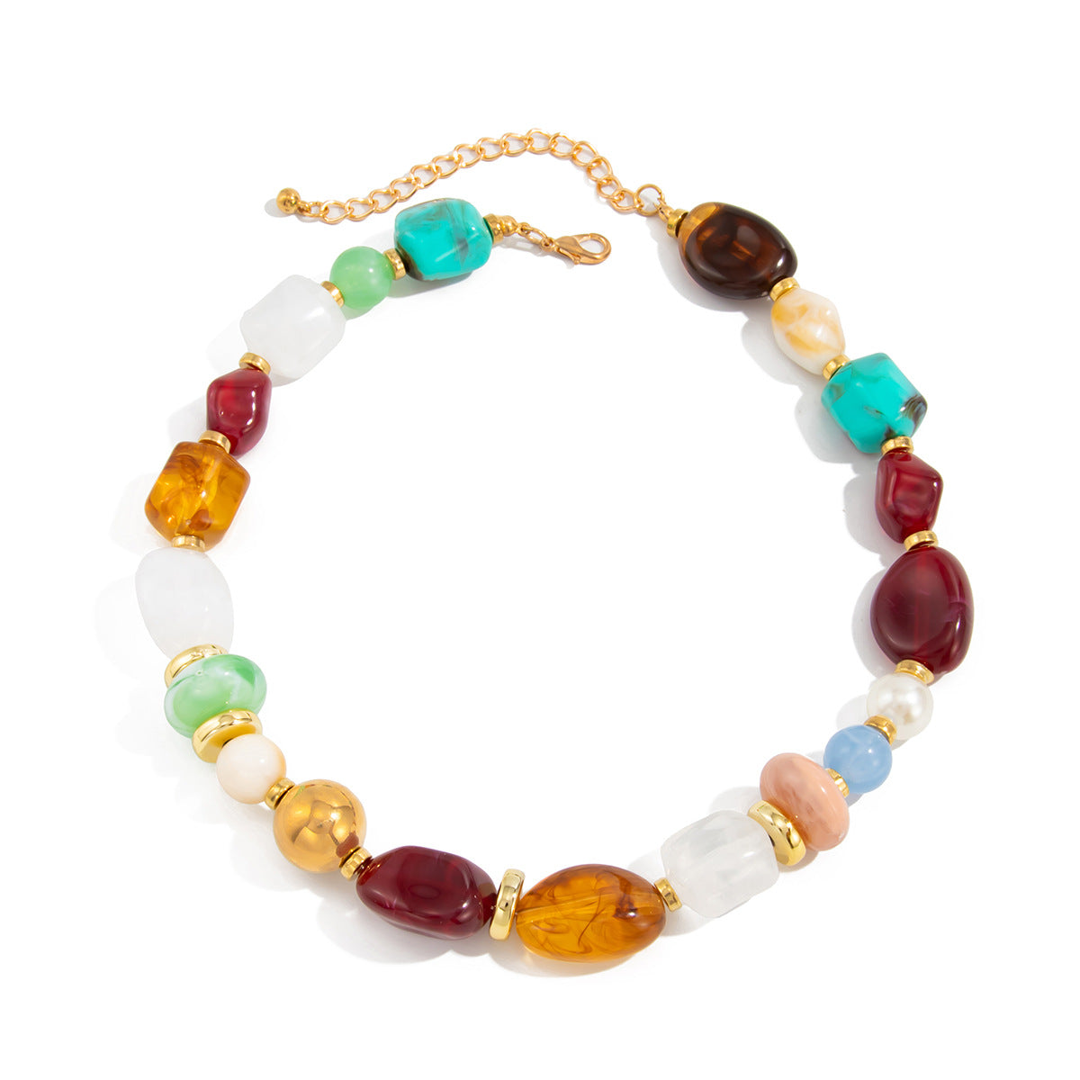 Retro Bohemian Multi Color Resin Beaded Necklace For Women Irregular Gold Plated CCB Artificial Pearl Statement Clavicle Chain - View 5