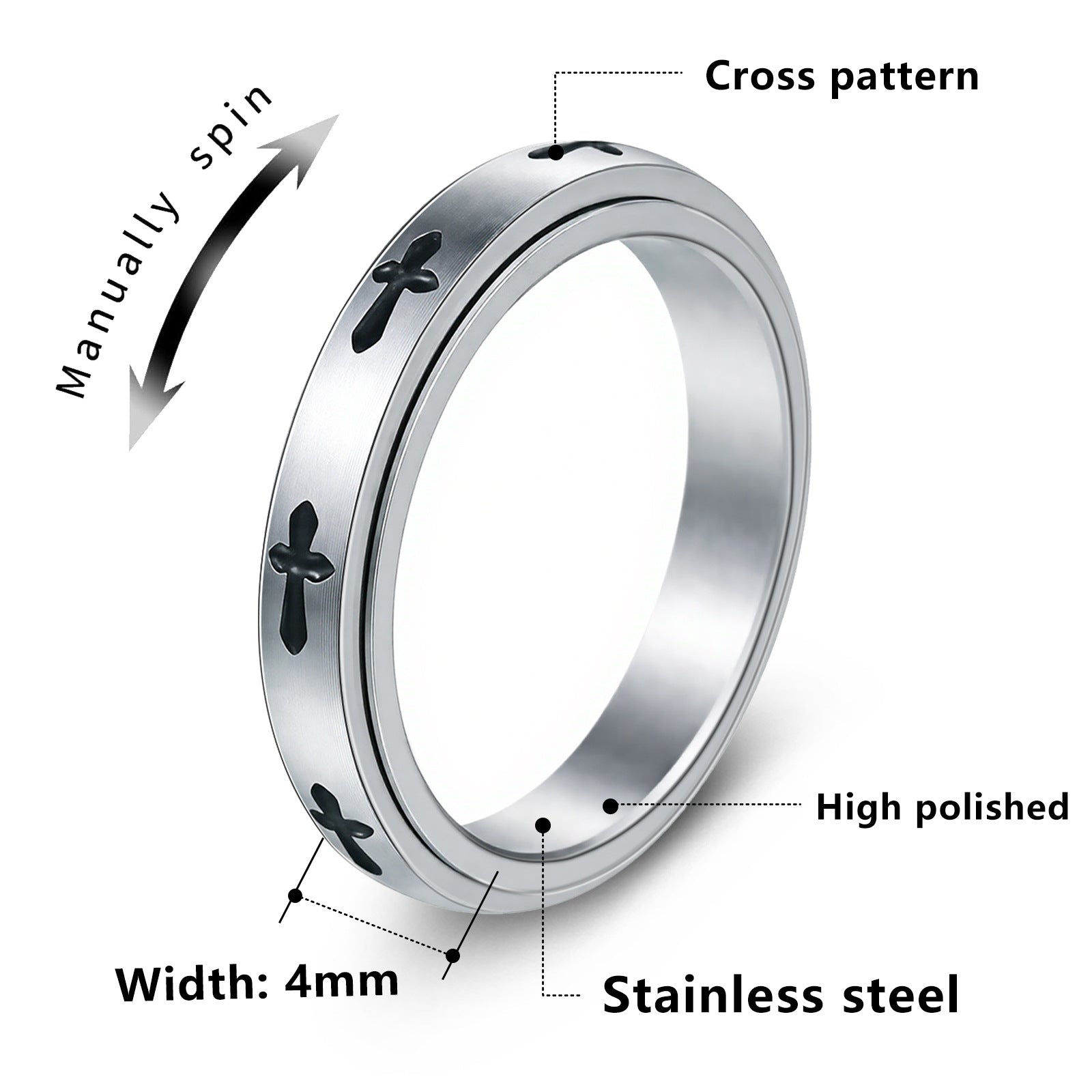 Stainless Steel Spinner Ring For Men Women Rotatable Cross Pattern Anxiety Relief Band Gothic Minimalist Fashion Jewelry - View 5