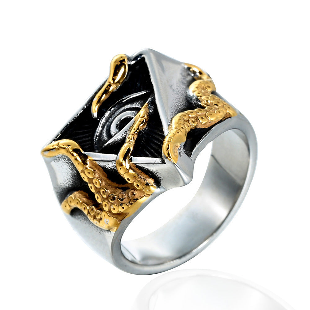 Vintage Stainless Steel Octopus Eye Of Providence Ring Men Gothic Mystery Occult Symbol Polished Punk Jewelry Band Ring