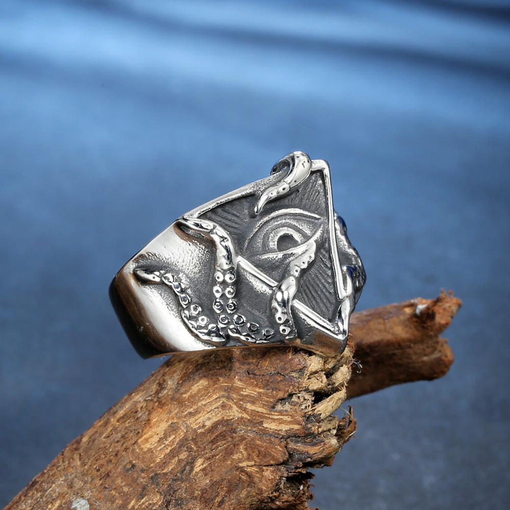 Vintage Stainless Steel Octopus Eye Of Providence Ring Men Gothic Mystery Occult Symbol Polished Punk Jewelry Band Ring - View 2