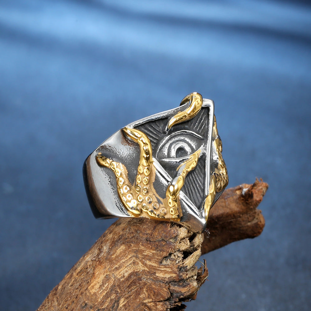 Vintage Stainless Steel Octopus Eye Of Providence Ring Men Gothic Mystery Occult Symbol Polished Punk Jewelry Band Ring - View 3