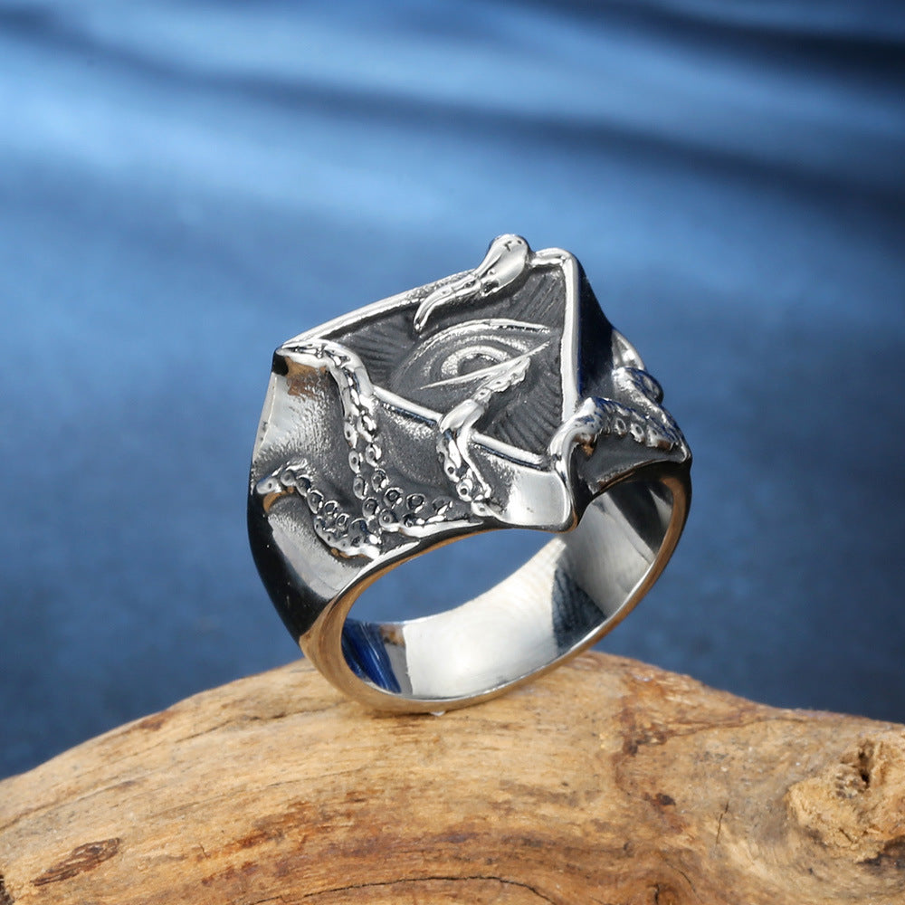 Vintage Stainless Steel Octopus Eye Of Providence Ring Men Gothic Mystery Occult Symbol Polished Punk Jewelry Band Ring - View 5
