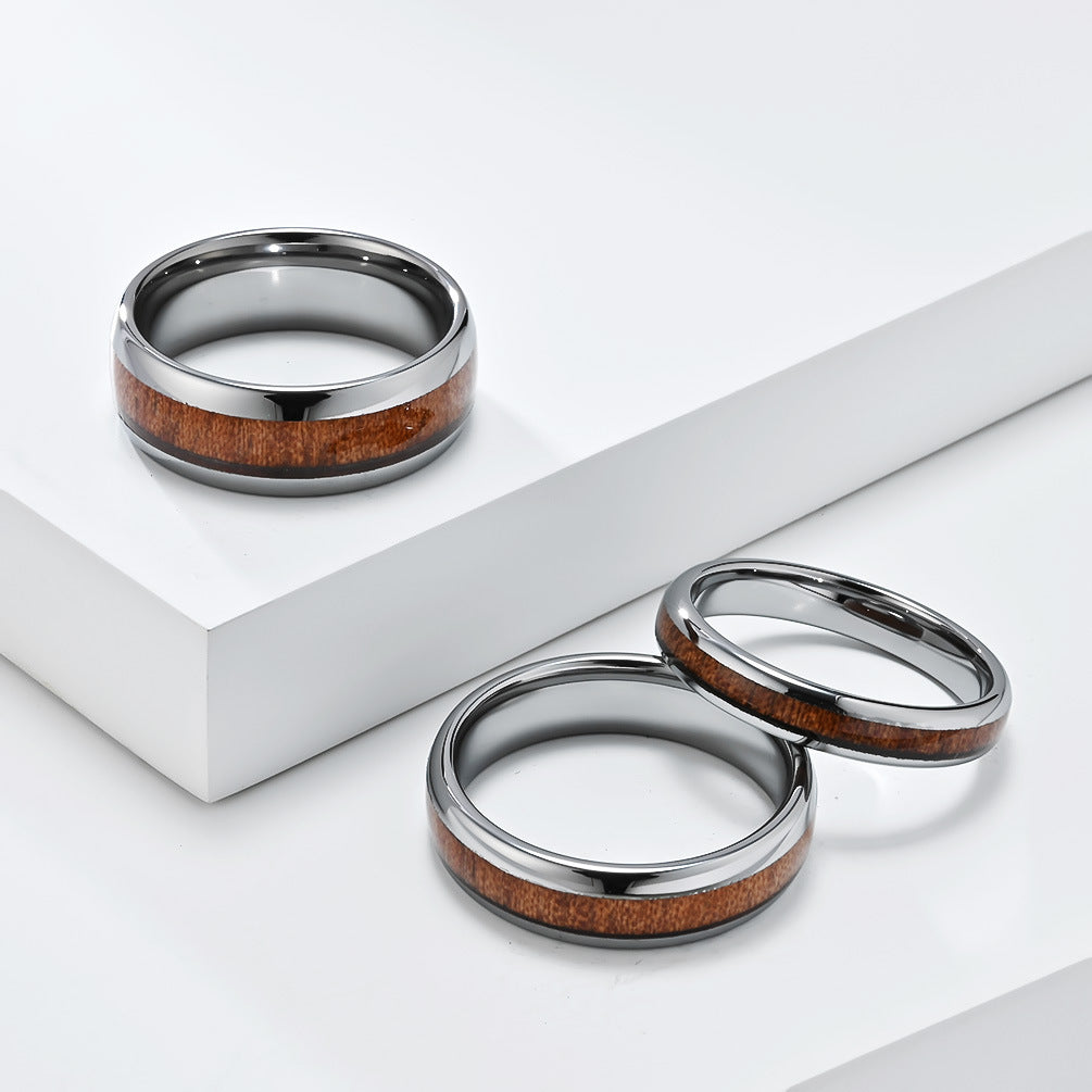 Fashion Polished Tungsten Steel Wood Inlay Ring For Men Women Vintage Wood Grain Geometric Comfort Fit Wedding Band Jewelry
