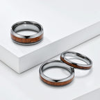 Fashion Polished Tungsten Steel Wood Inlay Ring For Men Women Vintage Wood Grain Geometric Comfort Fit Wedding Band Jewelry