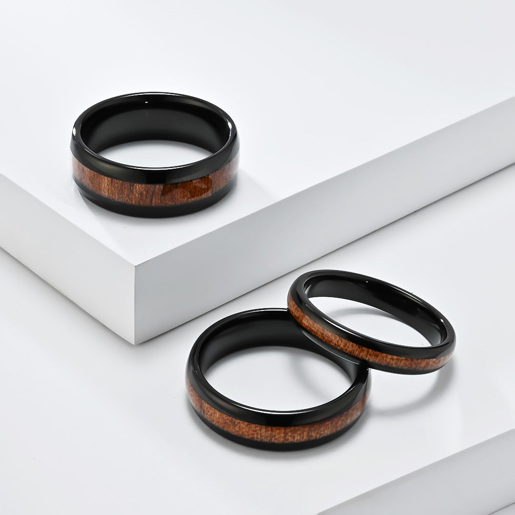 Fashion Polished Tungsten Steel Wood Inlay Ring For Men Women Vintage Wood Grain Geometric Comfort Fit Wedding Band Jewelry - View 3