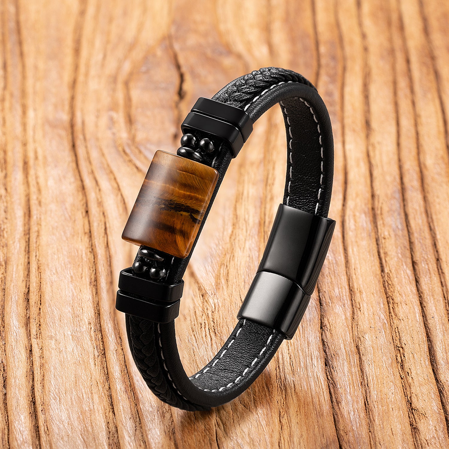 Men Braided Leather Bracelet With Natural Tiger Eye Onyx Stone Stainless Steel Magnetic Clasp Punk Style Fashion Hand Jewelry