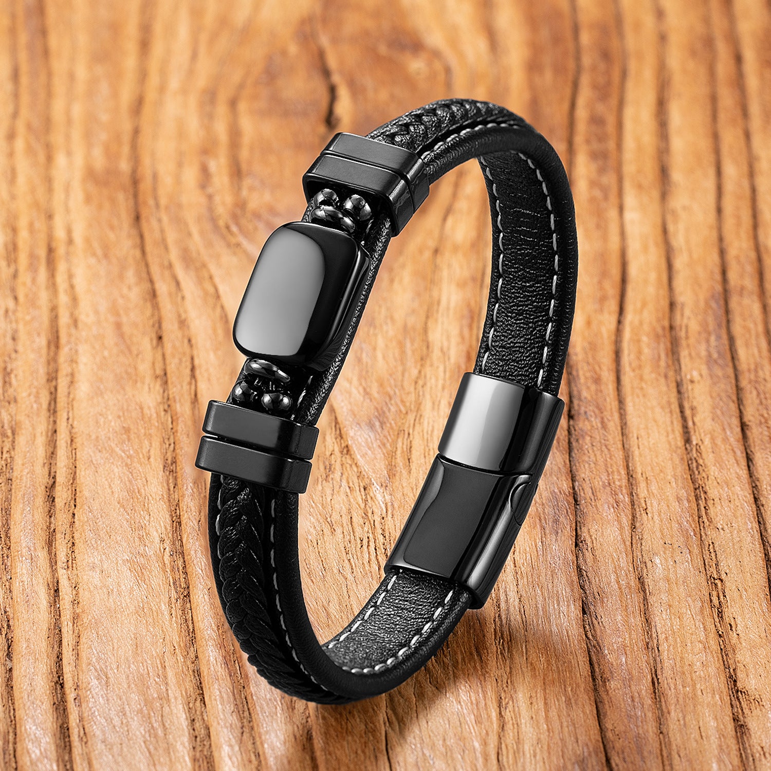 Men Braided Leather Bracelet With Natural Tiger Eye Onyx Stone Stainless Steel Magnetic Clasp Punk Style Fashion Hand Jewelry - View 3