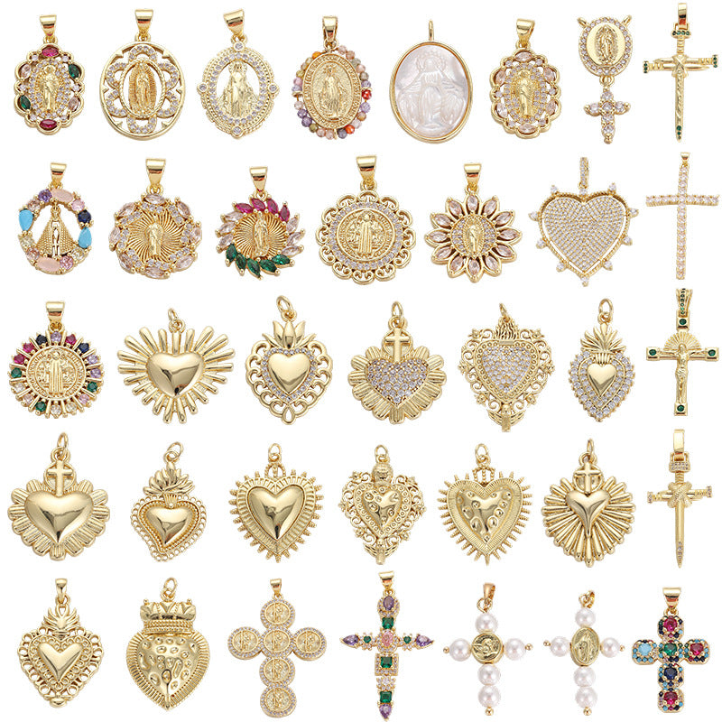 Vintage Gold Copper Religious Pendant Rhinestone Heart Cross Virgin Mary DIY Charm For Jewelry Making Women Accessories