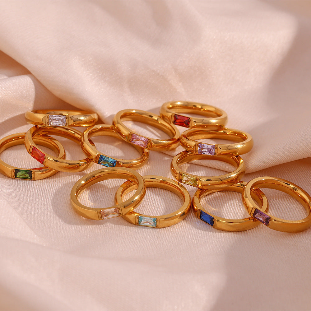 Stainless Steel Baguette Birthstone Ring 18K Gold Plated Zirconia Rectangular Minimalist Stackable Finger Ring For Women Jewelry