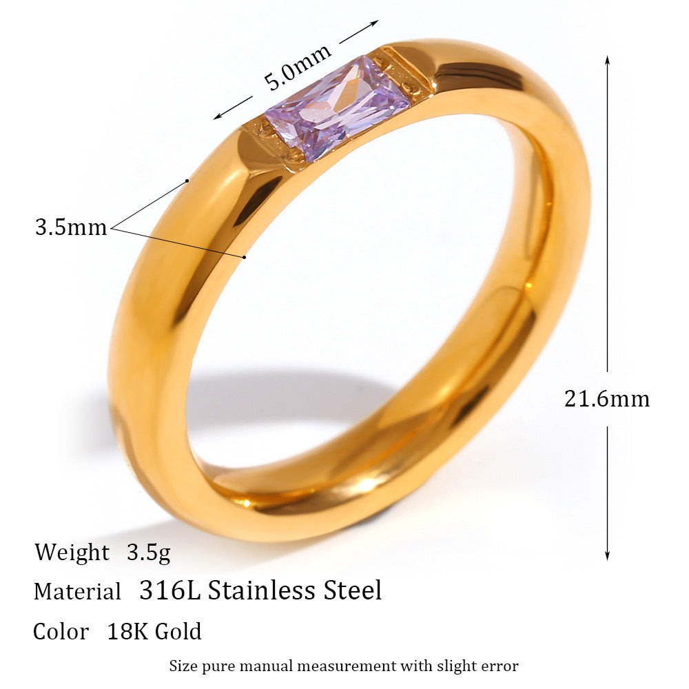 Stainless Steel Baguette Birthstone Ring 18K Gold Plated Zirconia Rectangular Minimalist Stackable Finger Ring For Women Jewelry - View 2