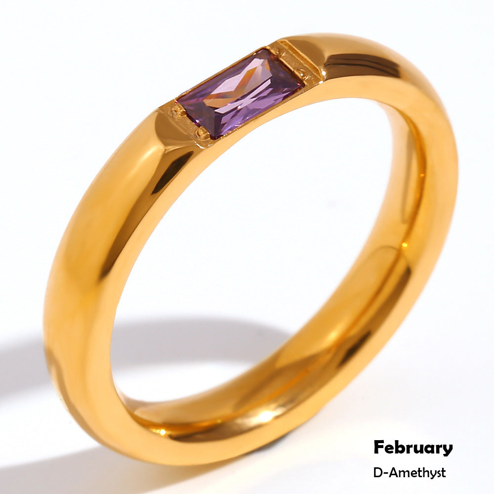 Stainless Steel Baguette Birthstone Ring 18K