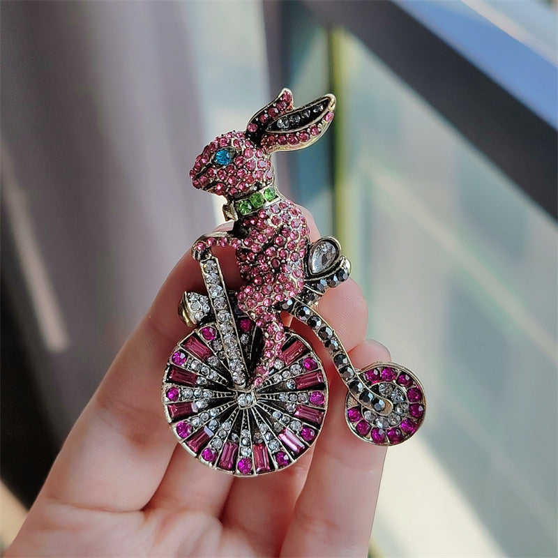 Vintage Pink Cute Rabbit Riding Bicycle Brooch Alloy Rhinestone Inlaid Lapel Pin Small Suit Accessory Fashion Jewelry For Women - View 4