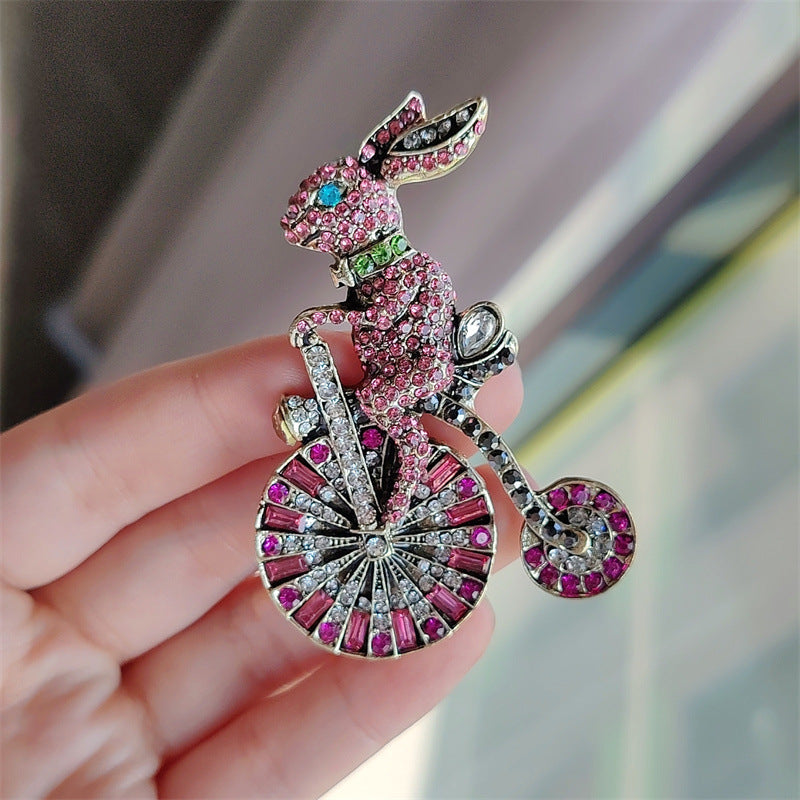 Vintage Pink Cute Rabbit Riding Bicycle Brooch Alloy Rhinestone Inlaid Lapel Pin Small Suit Accessory Fashion Jewelry For Women - View 2