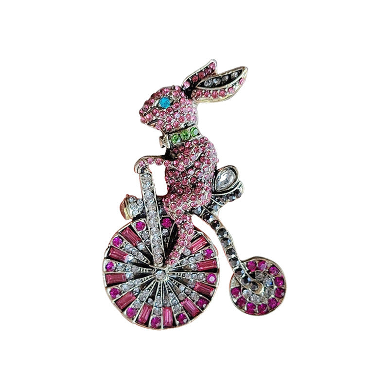 Vintage Pink Cute Rabbit Riding Bicycle Brooch Alloy Rhinestone Inlaid Lapel Pin Small Suit Accessory Fashion Jewelry For Women - View 5
