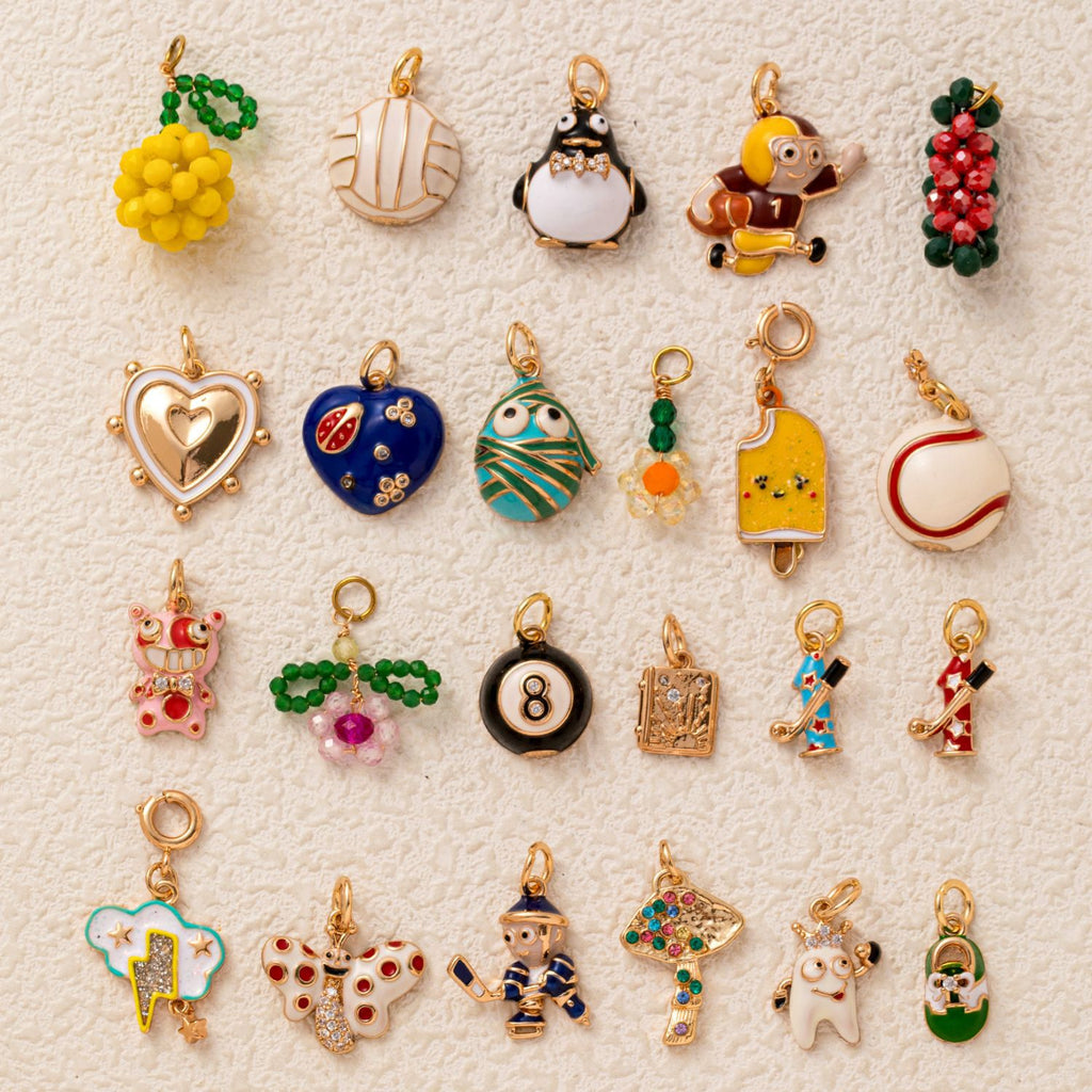 18K Gold Plated Copper Enamel Penguin Lemon Baseball Charms Stainless Steel Chain Necklace Rhinestone DIY Jewelry Making Pendants