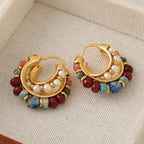 Vintage Gold C-Shaped Hoop Earrings With Natural Stone Beads And Freshwater Pearl For Women 925 Sterling Silver Post - View 3
