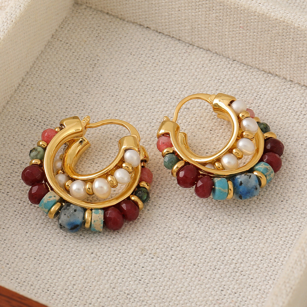 Vintage Gold C-Shaped Hoop Earrings With Natural Stone Beads And Freshwater Pearl For Women 925 Sterling Silver Post - View 3