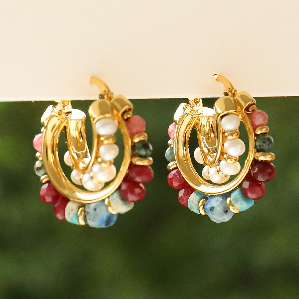 Vintage Gold C-Shaped Hoop Earrings With Natural Stone Beads And Freshwater Pearl For Women 925 Sterling Silver Post - View 2