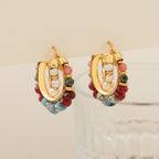 Vintage Gold C-Shaped Hoop Earrings With Natural Stone Beads And Freshwater Pearl For Women 925 Sterling Silver Post - View 4