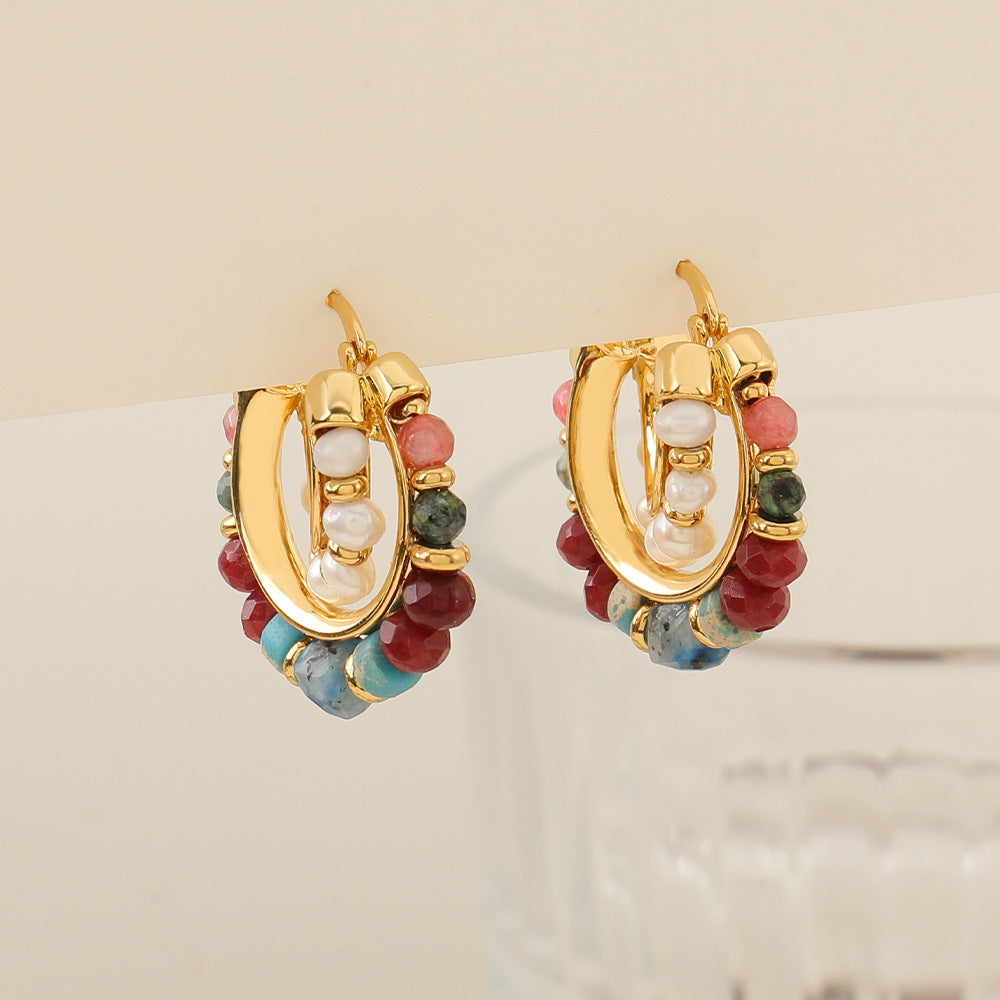 Vintage Gold C-Shaped Hoop Earrings With Natural Stone Beads And Freshwater Pearl For Women 925 Sterling Silver Post - View 4