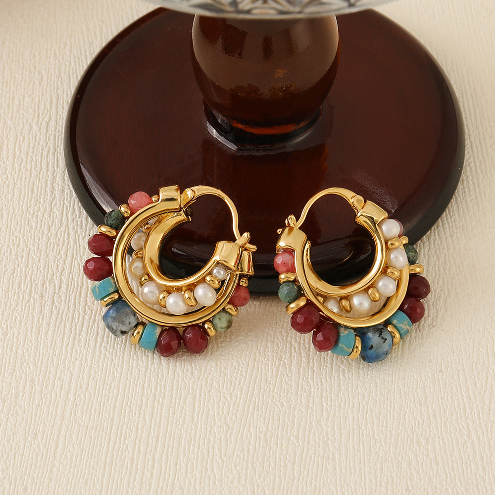 Vintage Gold C-Shaped Hoop Earrings With Natural Stone Beads And Freshwater Pearl For Women 925 Sterling Silver Post