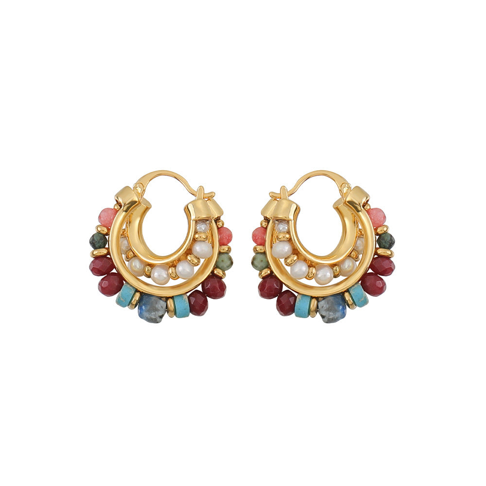 Vintage Gold C-Shaped Hoop Earrings With Natural Stone Beads And Freshwater Pearl For Women 925 Sterling Silver Post - View 5