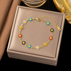 Stainless Steel Necklace And Bracelet Colorful Natural Stone Artificial Pearl Beaded Daisy Flower Dopamine Jewelry For Women - View 4
