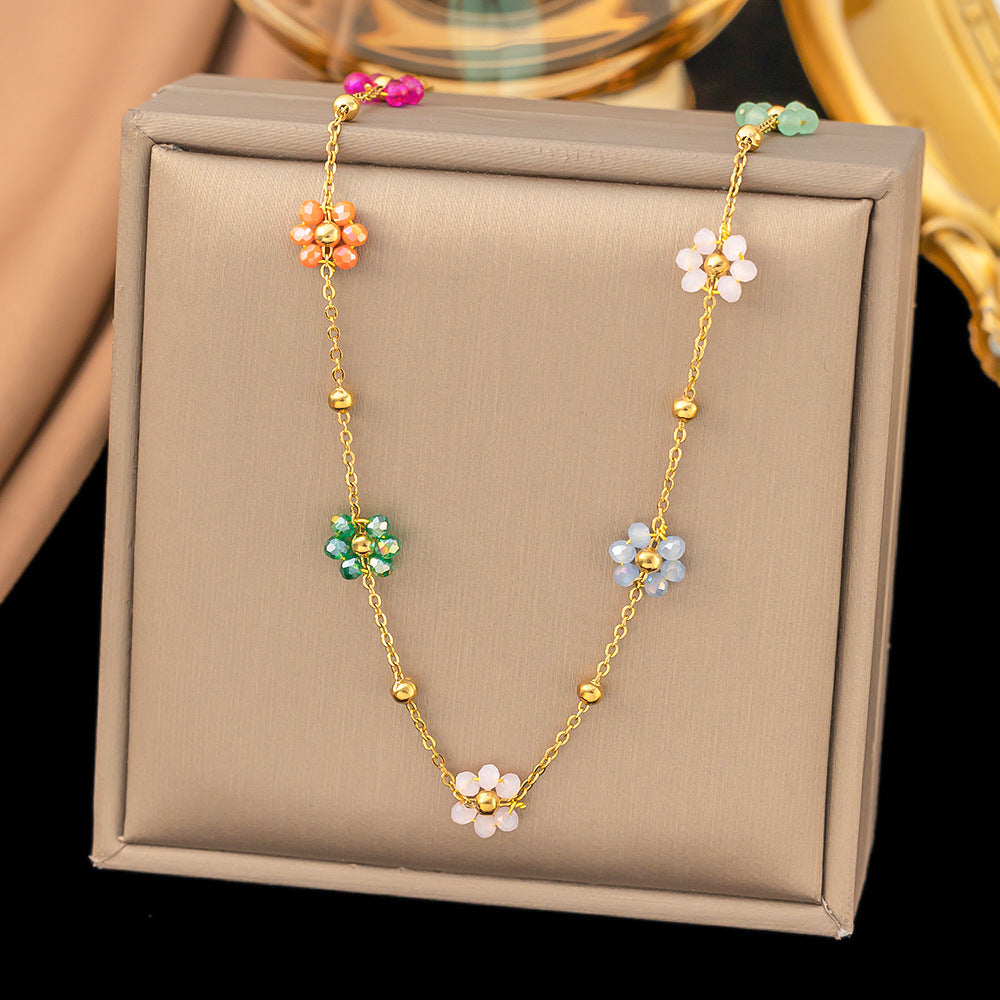 Stainless Steel Necklace And Bracelet Colorful Natural Stone Artificial Pearl Beaded Daisy Flower Dopamine Jewelry For Women - View 2