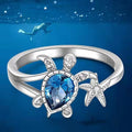 Sea Turtle Starfish Ring 925 Sterling Silver Blue Crystal Ocean Theme Bohemian Vintage Adjustable Open Ring Women Jewelry - View 4