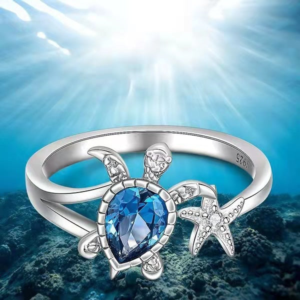 Sea Turtle Starfish Ring 925 Sterling Silver Blue Crystal Ocean Theme Bohemian Vintage Adjustable Open Ring Women Jewelry - View 3